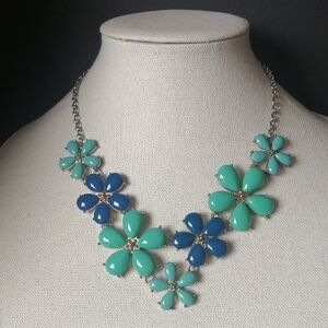 Floral Statement Necklace in Aqua & Blue Glossy Plastic